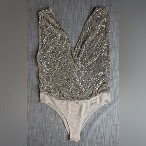 Zara Silver Sequin V-Neck Bodysuit